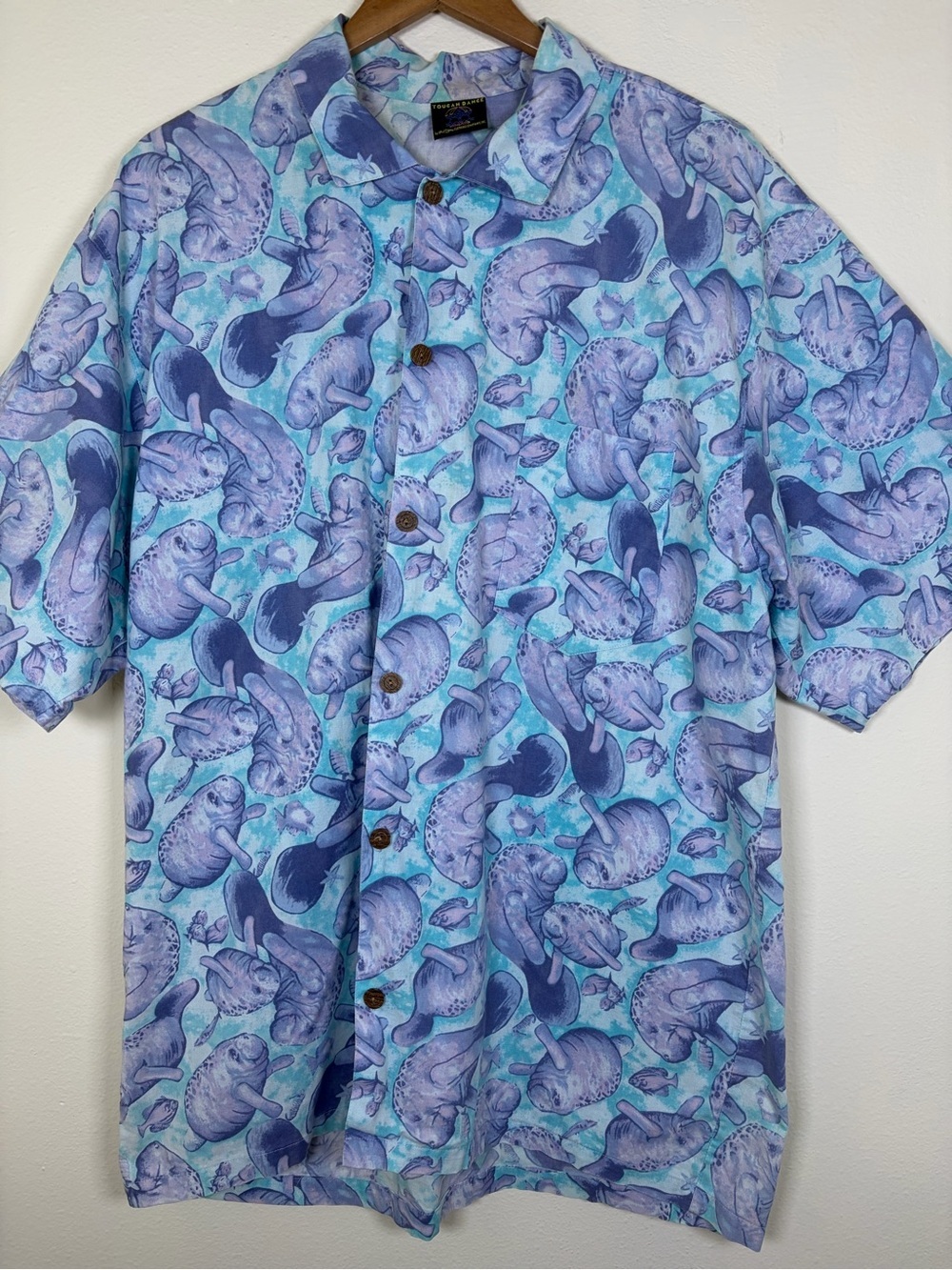 Toucan Dance Fast Lane Manatee Print Camp Hawaiian Shirt XL 100% Cotton VTG